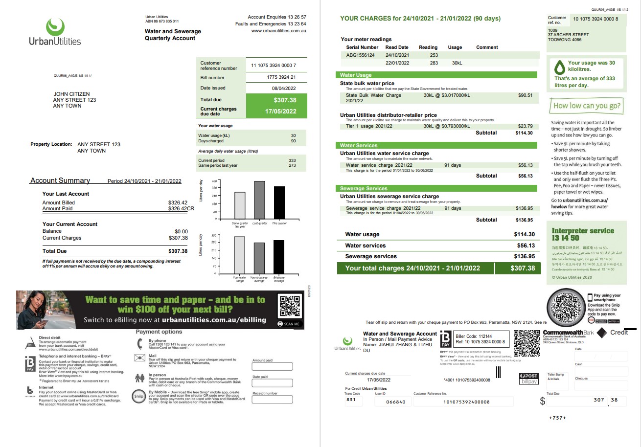 Australia Urban Utilities .doc and .pdf utility bill template